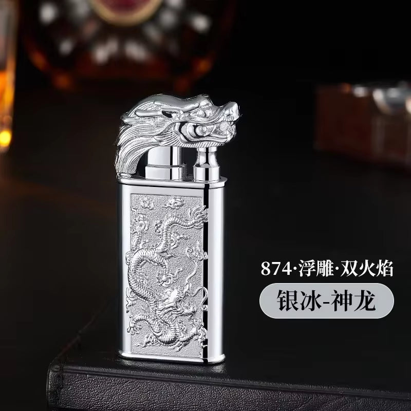 Windproof 3D Dragon Double Flame Lighter Metal Double Flame Conversion Jet Inflatable Portable Lighter Trendy Men'S Gift