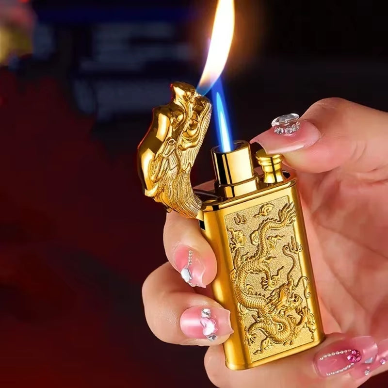 Windproof 3D Dragon Double Flame Lighter Metal Double Flame Conversion Jet Inflatable Portable Lighter Trendy Men'S Gift