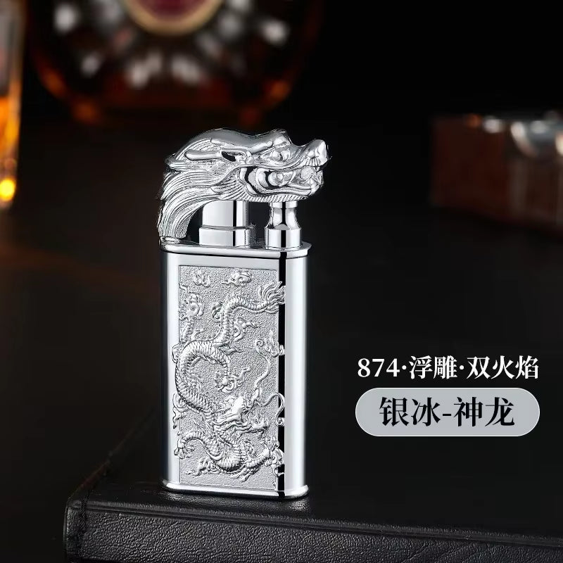 Windproof 3D Dragon Double Flame Lighter Metal Double Flame Conversion Jet Inflatable Portable Lighter Trendy Men'S Gift