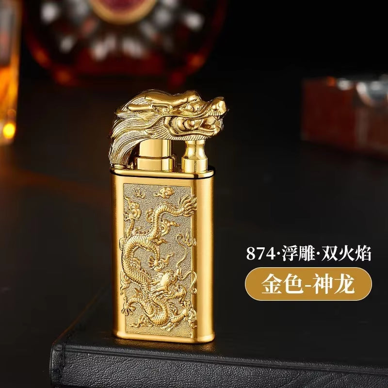 Windproof 3D Dragon Double Flame Lighter Metal Double Flame Conversion Jet Inflatable Portable Lighter Trendy Men'S Gift