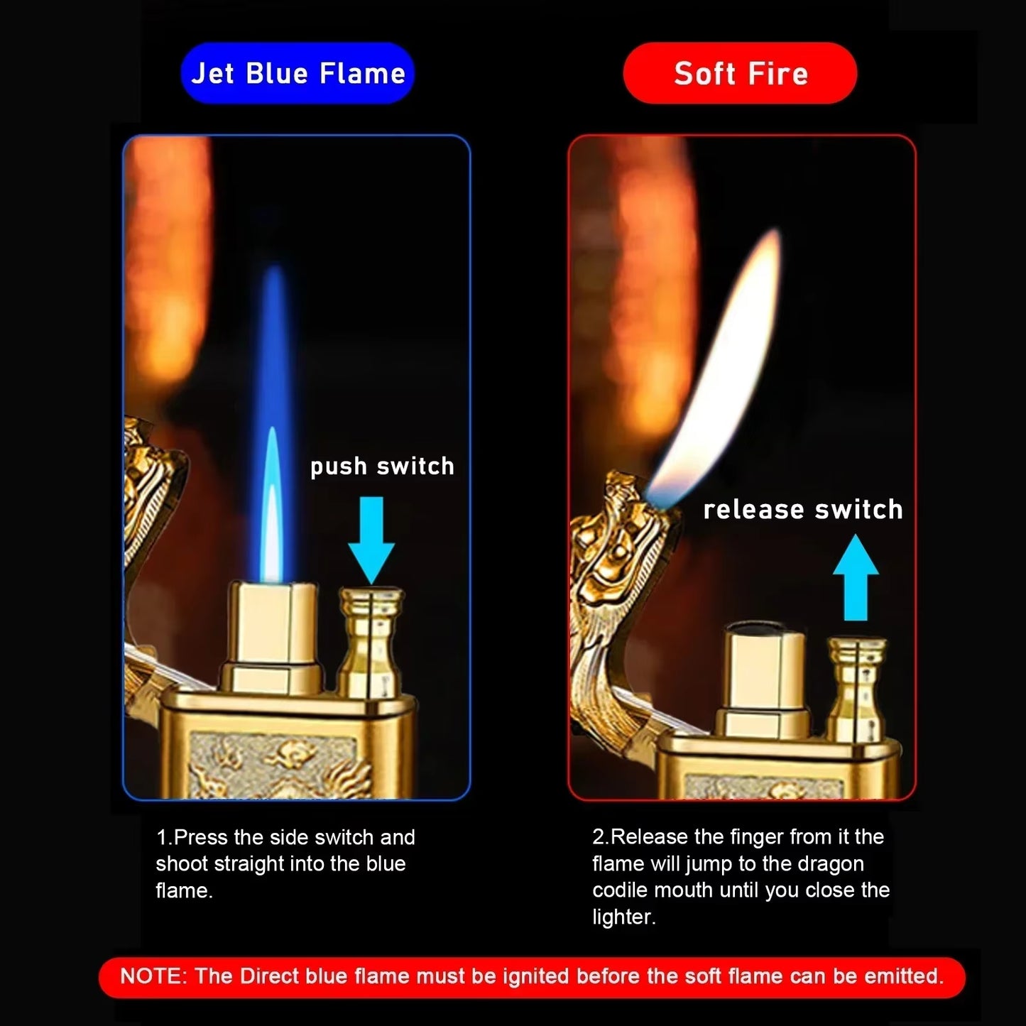 Windproof 3D Dragon Double Flame Lighter Metal Double Flame Conversion Jet Inflatable Portable Lighter Trendy Men'S Gift