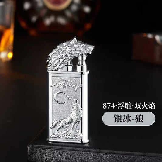 Windproof 3D Dragon Double Flame Lighter Metal Double Flame Conversion Jet Inflatable Portable Lighter Trendy Men'S Gift