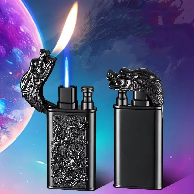 Windproof 3D Dragon Double Flame Lighter Metal Double Flame Conversion Jet Inflatable Portable Lighter Trendy Men'S Gift
